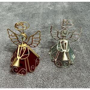 Vintage Stained Glass Angel Figurine Christmas Ornaments Red and Blue Lot of 2